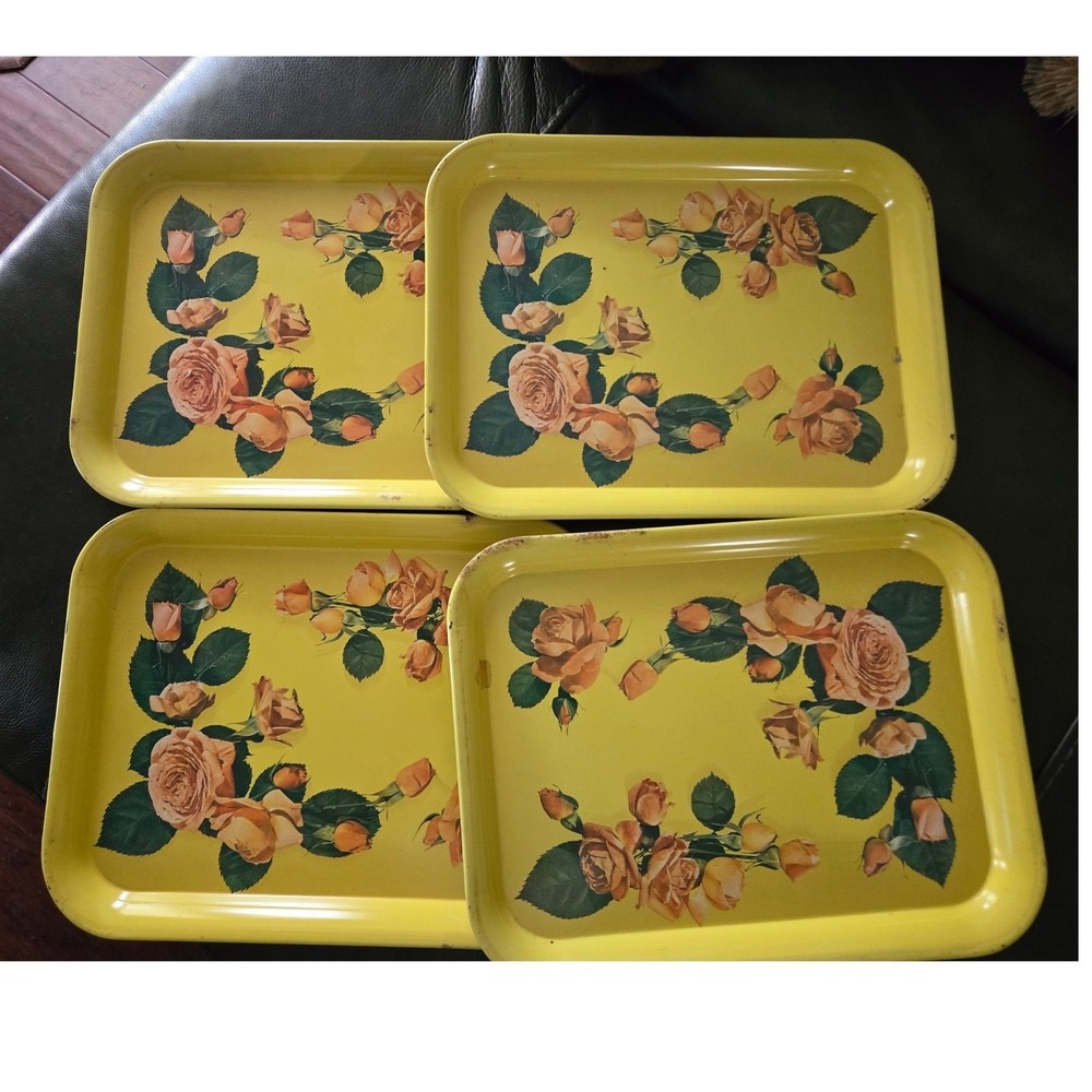 Vintage Floral Metal Serving Trays Set of 4 Yellow Rose Cottagecore